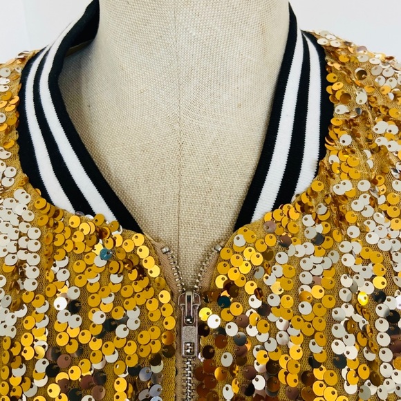 GOLD SEQUENCE DAZZLING BOMBER JACKEY by Anna Kaci. Front Zipper Closure. - Picture 12 of 14